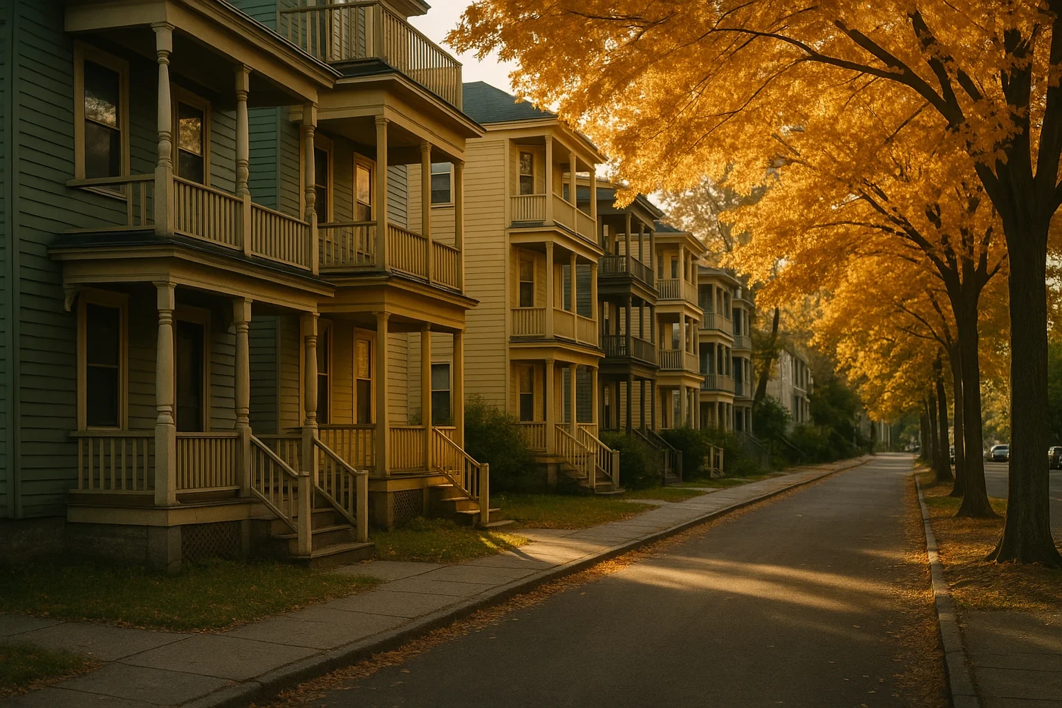 Tree-lined street with multi-story wooden homes and golden autumn foliage in a New Britain neighborhood