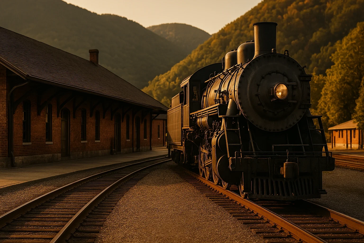 Vintage steam locomotive at historic brick railway depot with mountain backdrop at sunset in Clifton Forge