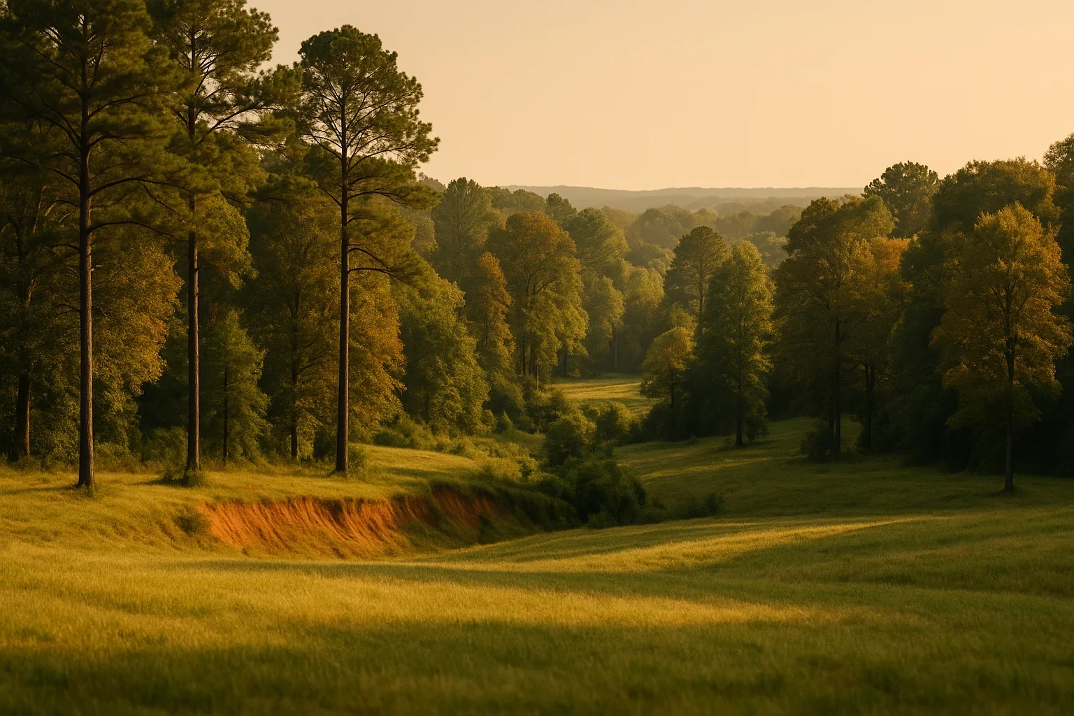Rolling meadow with tall pines and dense forest at golden hour in the countryside near Glen Allen