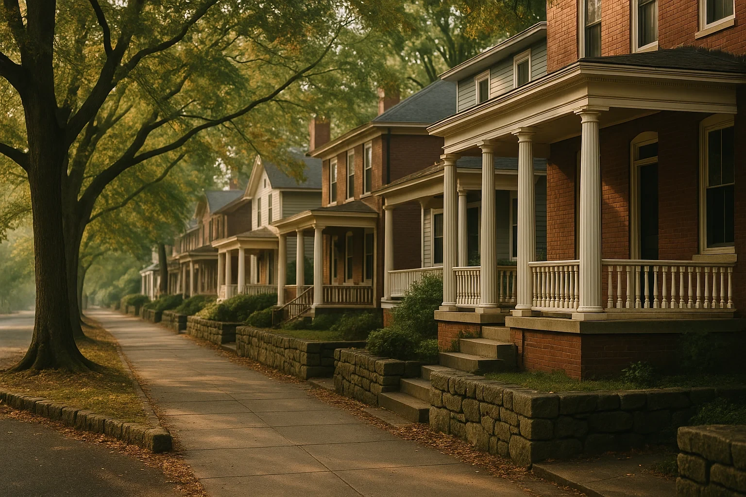 Tree-lined street of historic brick homes with white-columned porches in a Salem neighborhood