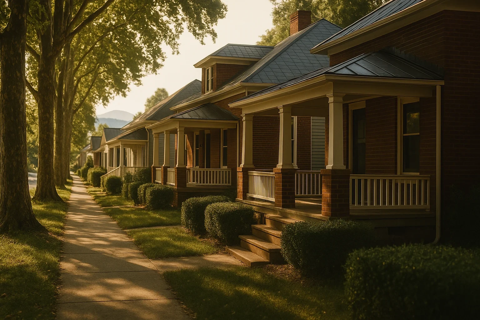 Tree-lined sidewalk beside brick homes with covered front porches and mountain views in Charlottesville