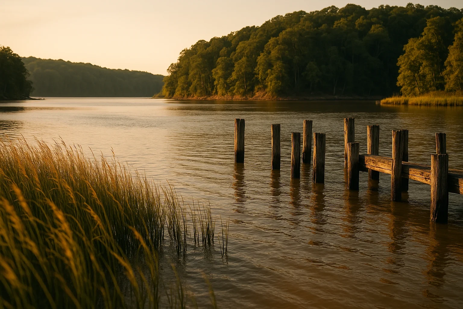 Tranquil river at golden hour with weathered wooden pilings and tall grasses along a wooded Dumfries shoreline