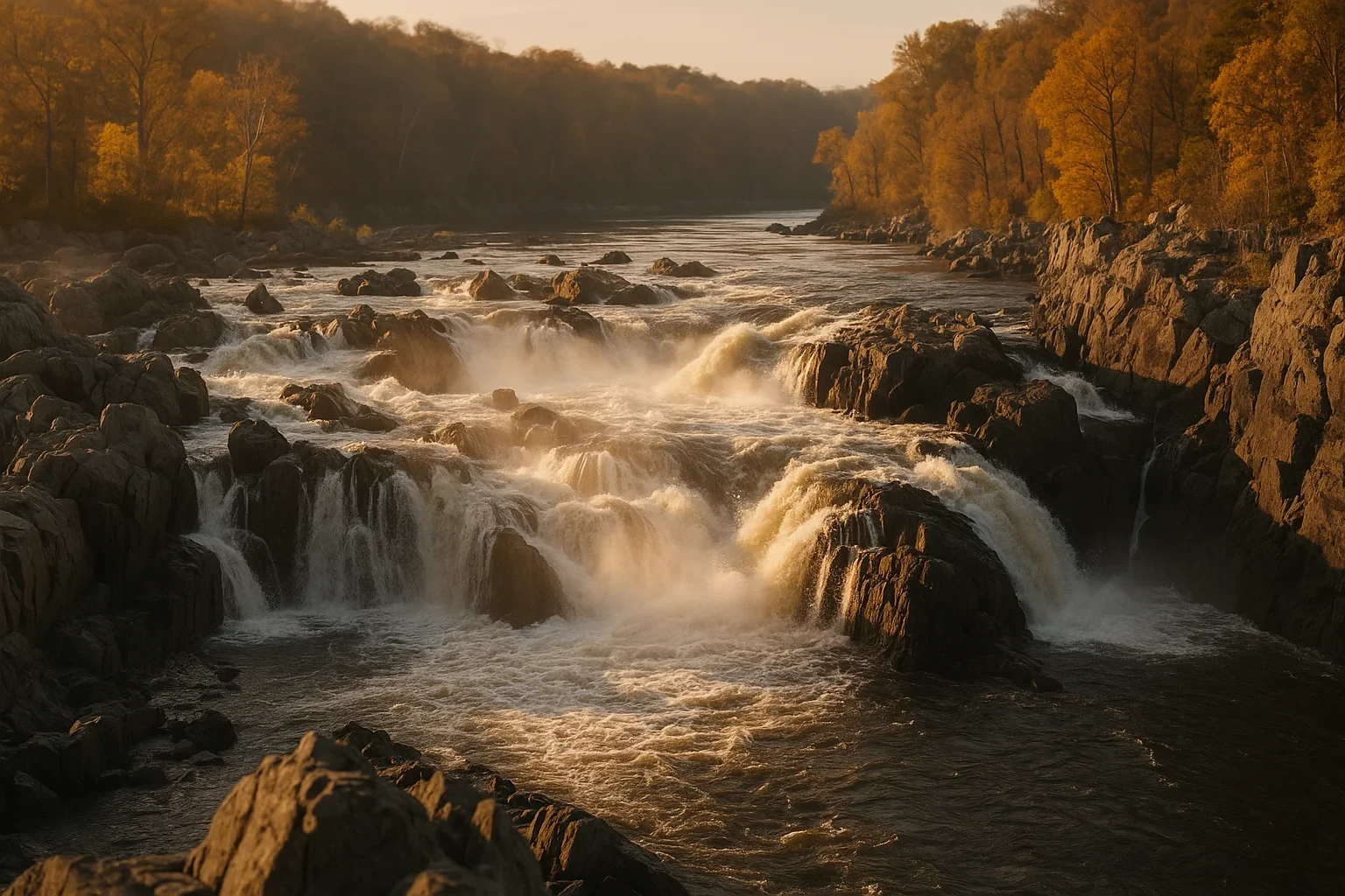 Golden sunset light over rushing waterfalls and rocky river rapids framed by autumn trees near Sterling