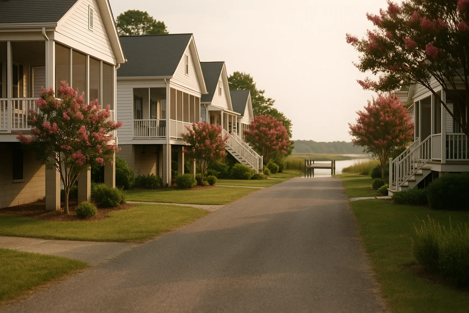 Waterfront homes with screened porches and crepe myrtles line a quiet street leading to a dock in Poquoson