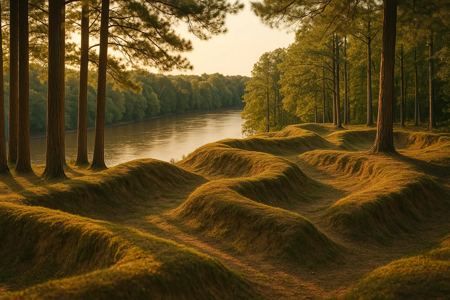 Golden sunset over a tranquil river winding through wooded hills and grassy mounds near Bensley.