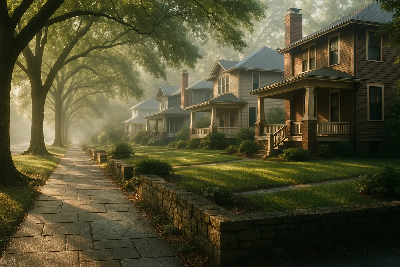 Misty morning light on tree-lined street with historic craftsman homes and stone wall in Roanoke neighborhood