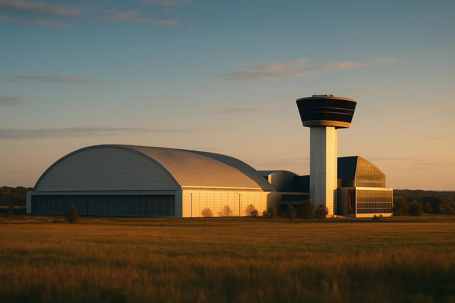 Modern airport hangar and control tower at golden hour in Chantilly, set against open fields and sky.