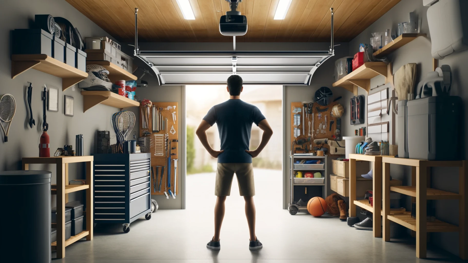 A man stands in his tidy and well-organized garage, with neatly arrange shelves, tool storage and sports equipment.