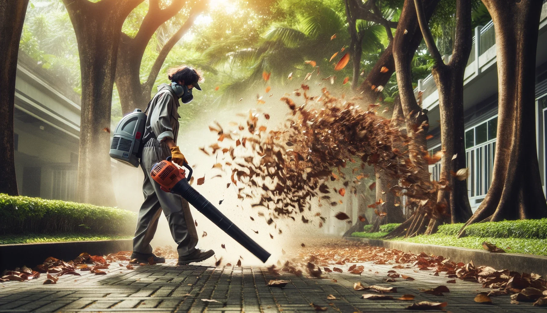 A homeowner uses his leaf blower to prepare his yard for winter.