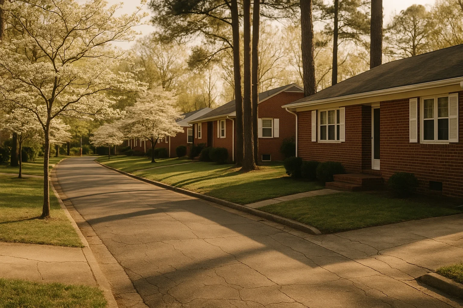 Quiet Fort Lee neighborhood street lined with brick ranch homes, blooming dogwood trees, and tall pines.