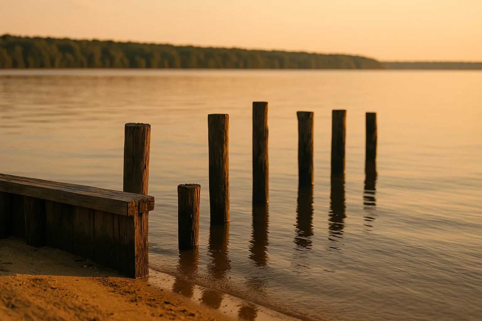 Weathered wooden dock pilings stand in calm lake water at golden hour along the King George shoreline.