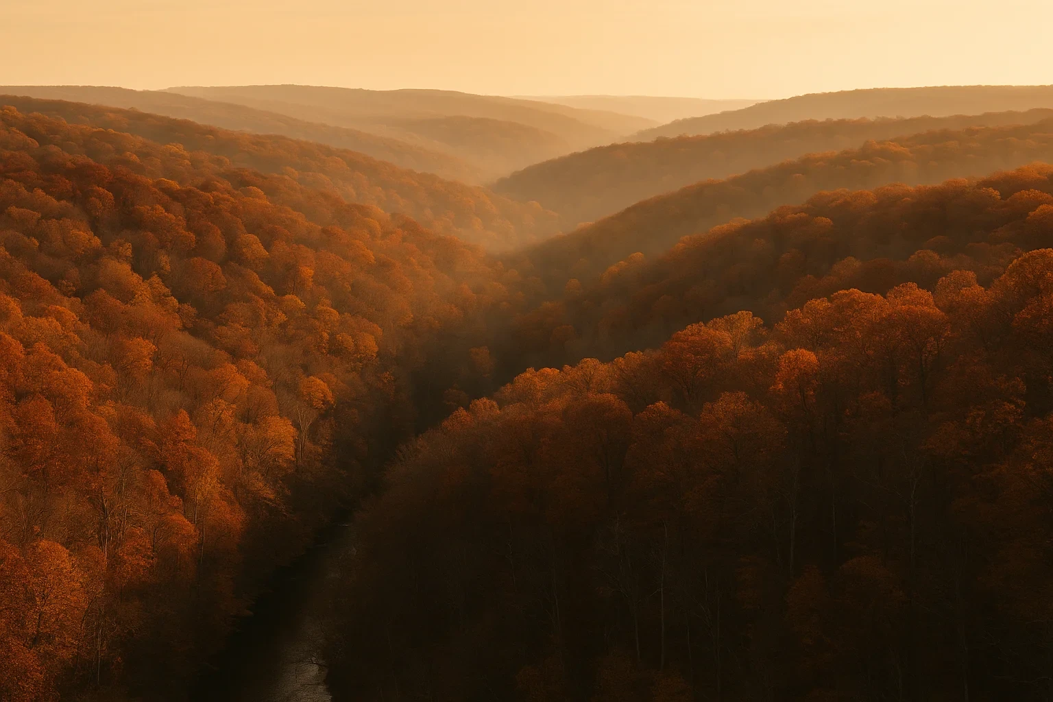 Rolling forested hills in autumn hues with a winding river at sunset near Dale City