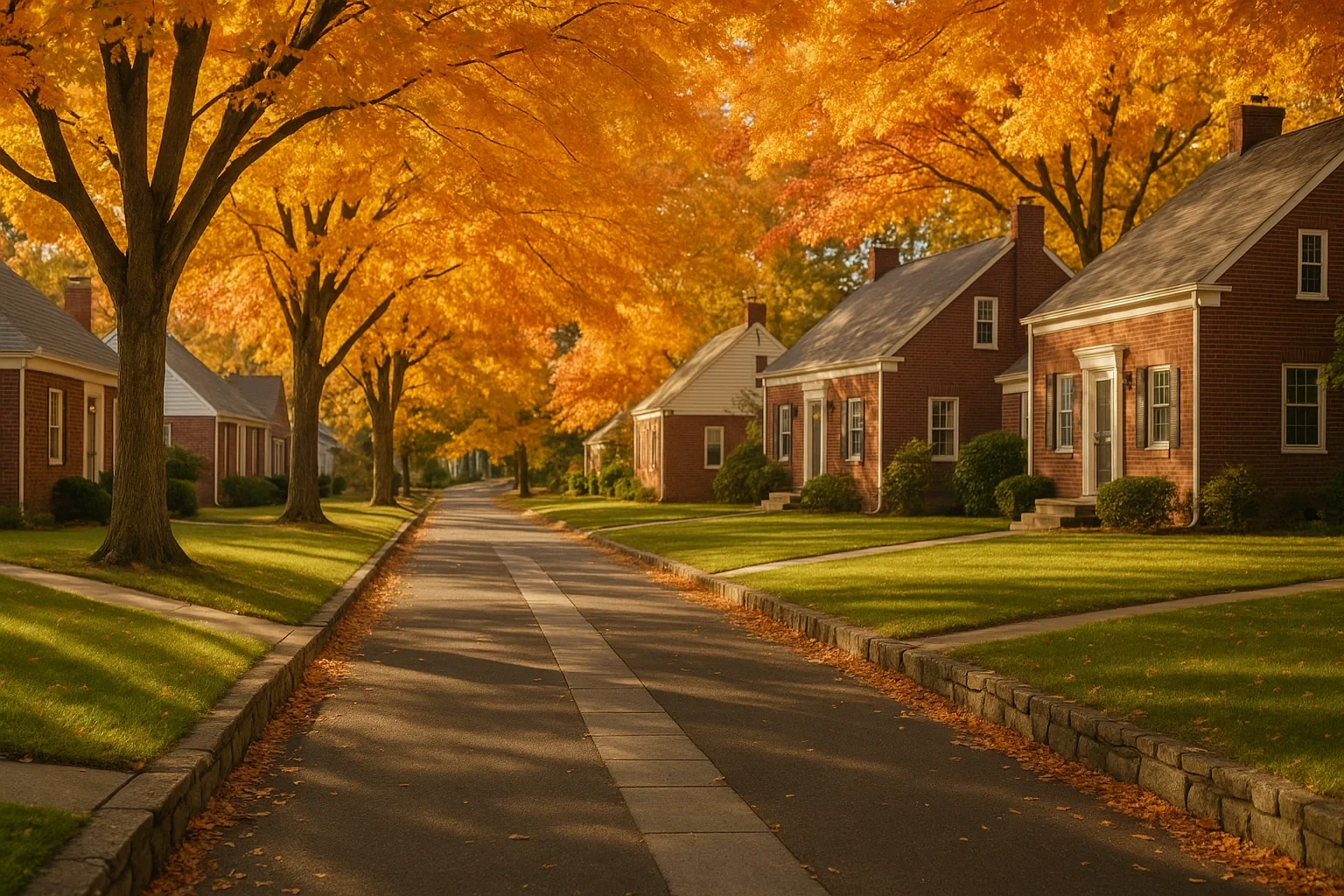 Tree-lined residential street with brick homes and vibrant orange autumn foliage in Blue Hills neighborhood