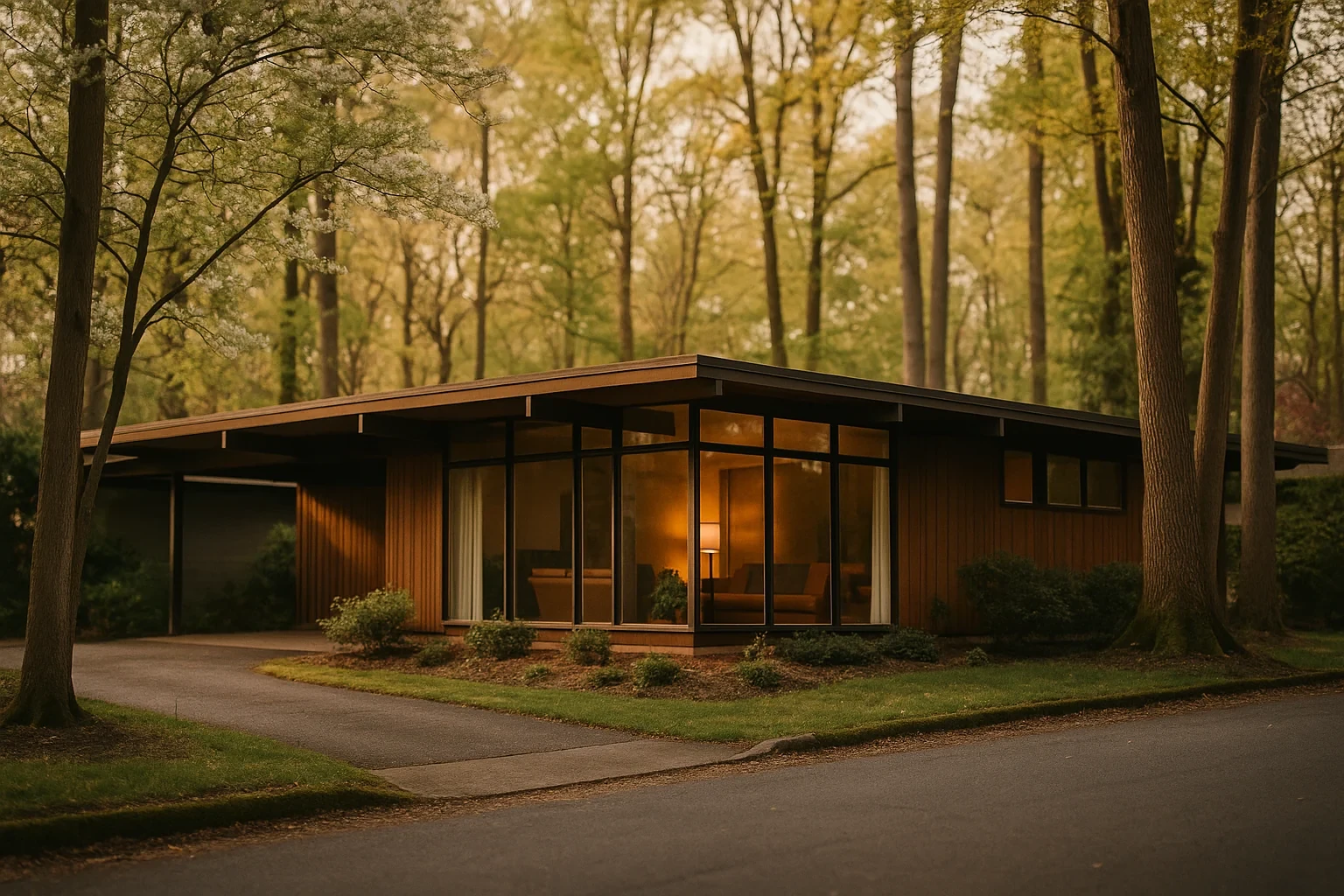 Mid-century modern home with wood siding and large glass windows nestled among tall trees in Annandale