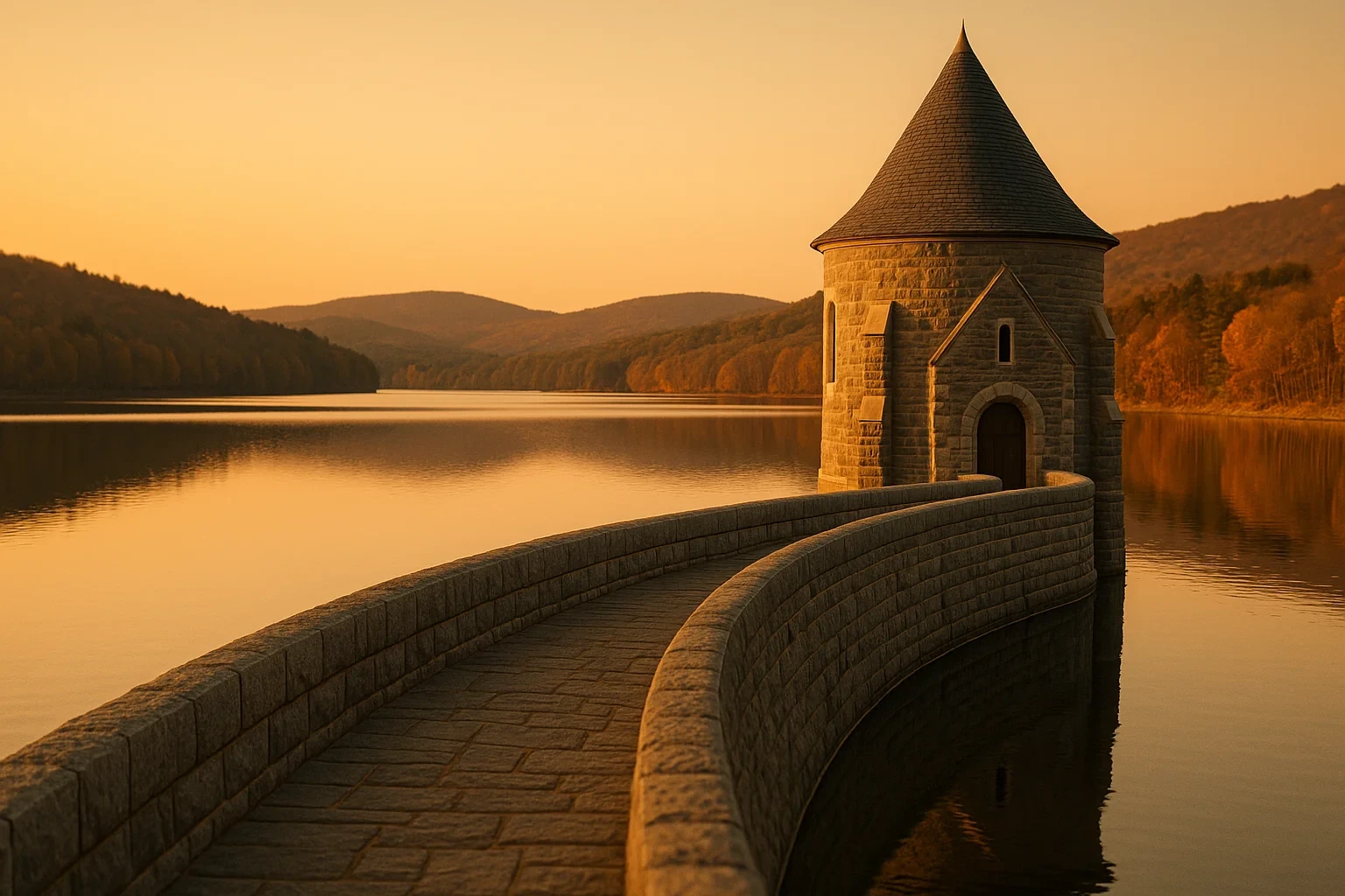 Stone tower and curved walkway along a tranquil reservoir at sunset near Barkhamsted with autumn hills