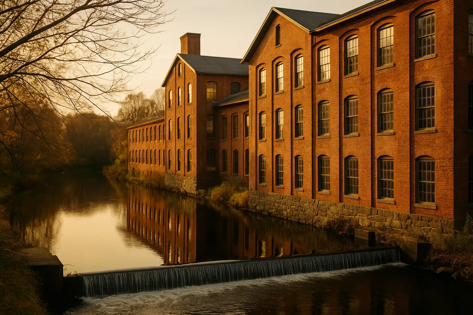 Historic red brick mill building with arched windows alongside a river and small dam in Broad Brook at sunset