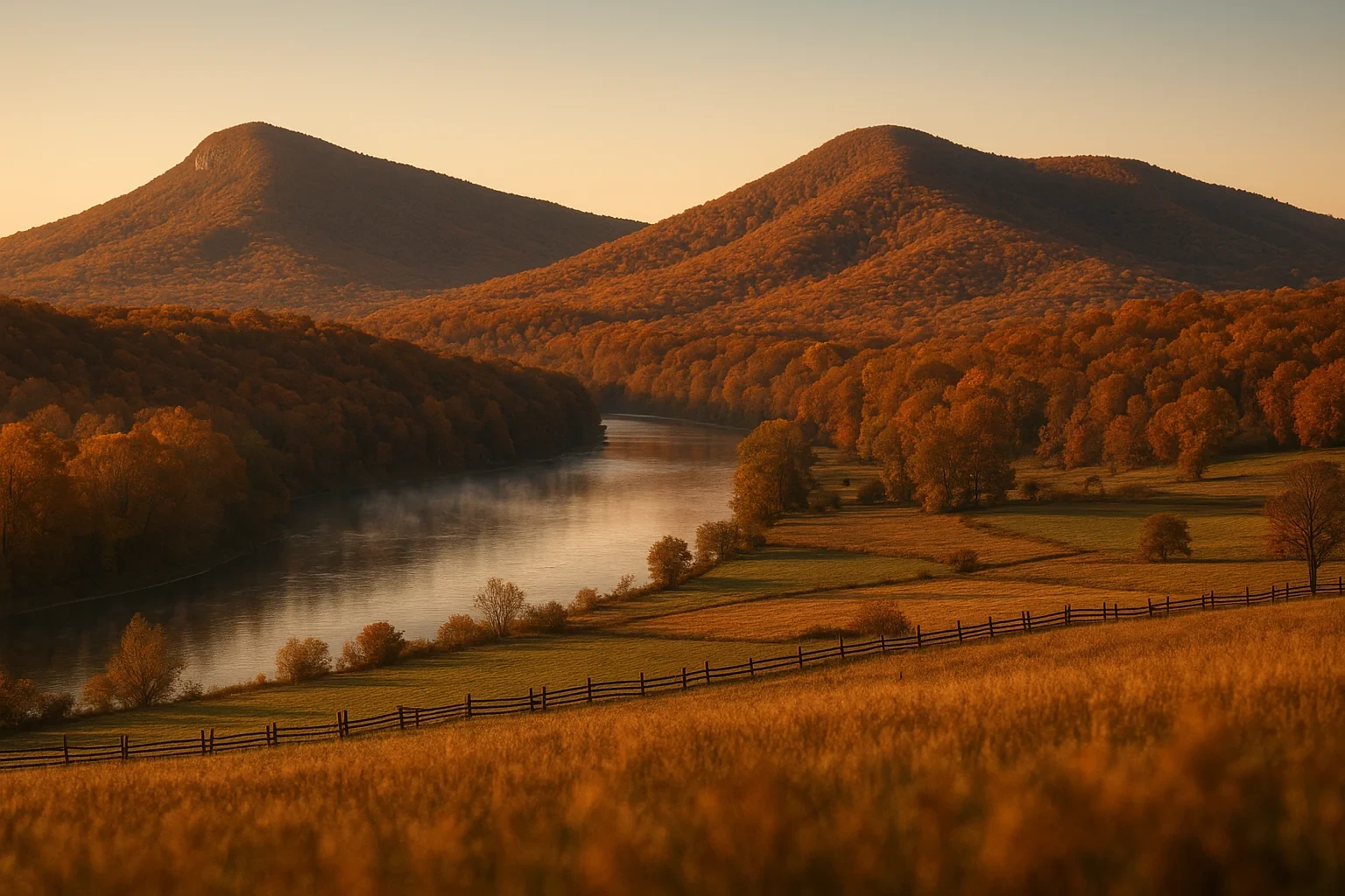 Autumn sunrise over rolling forested mountains, a misty river, and split-rail fences in Strasburg