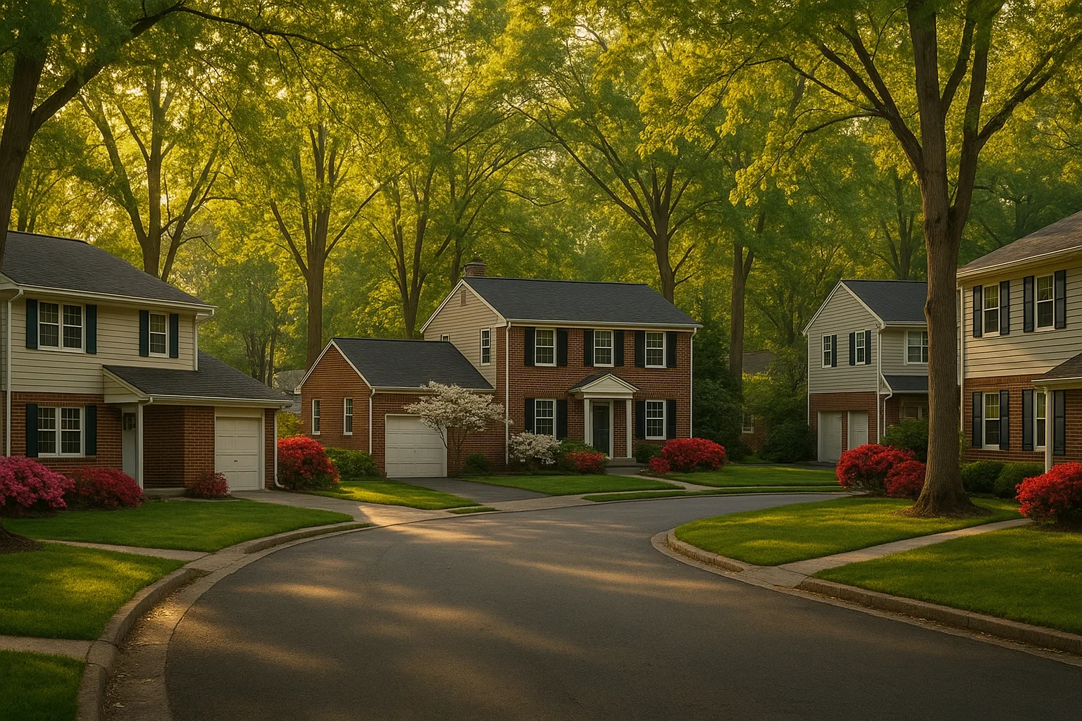 Tree-lined cul-de-sac with brick colonial homes and blooming azaleas in a West Springfield neighborhood at sunset