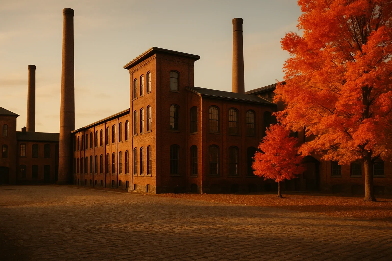 Historic red brick mill building with tall smokestacks and autumn foliage in Manchester at golden hour