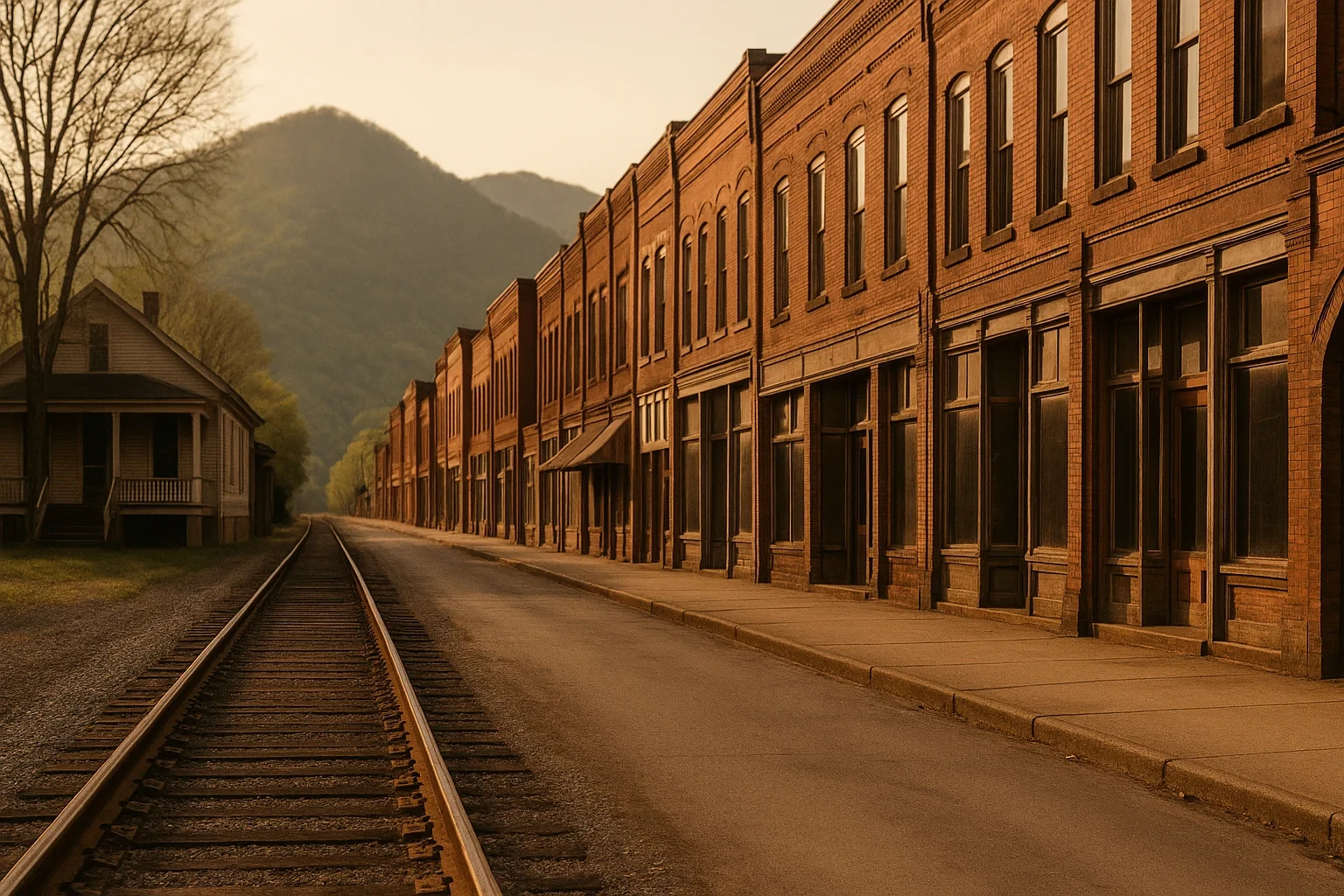 Historic brick storefronts line a quiet street beside railroad tracks with mountain views in Narrows