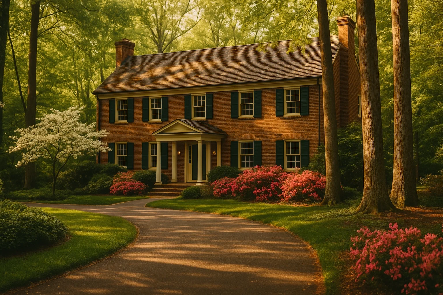 Brick colonial home with shutters, columned entry, blooming azaleas, and wooded surroundings in Oakton