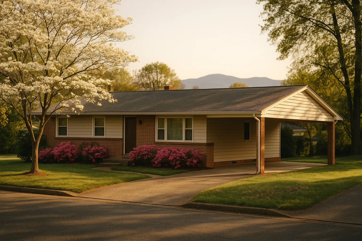 Single-story brick and siding ranch home with carport, blooming pink azaleas, and mountain views in Sterling