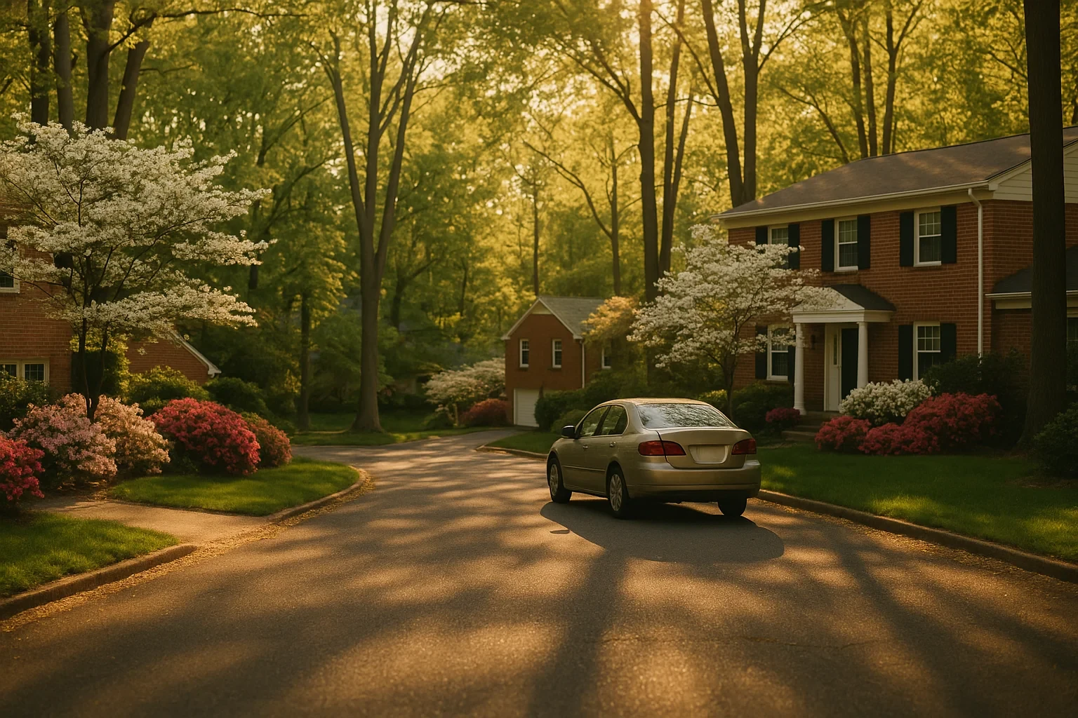 Sedan parked on quiet tree-lined Woodburn street with brick colonial home and blooming dogwoods at sunset