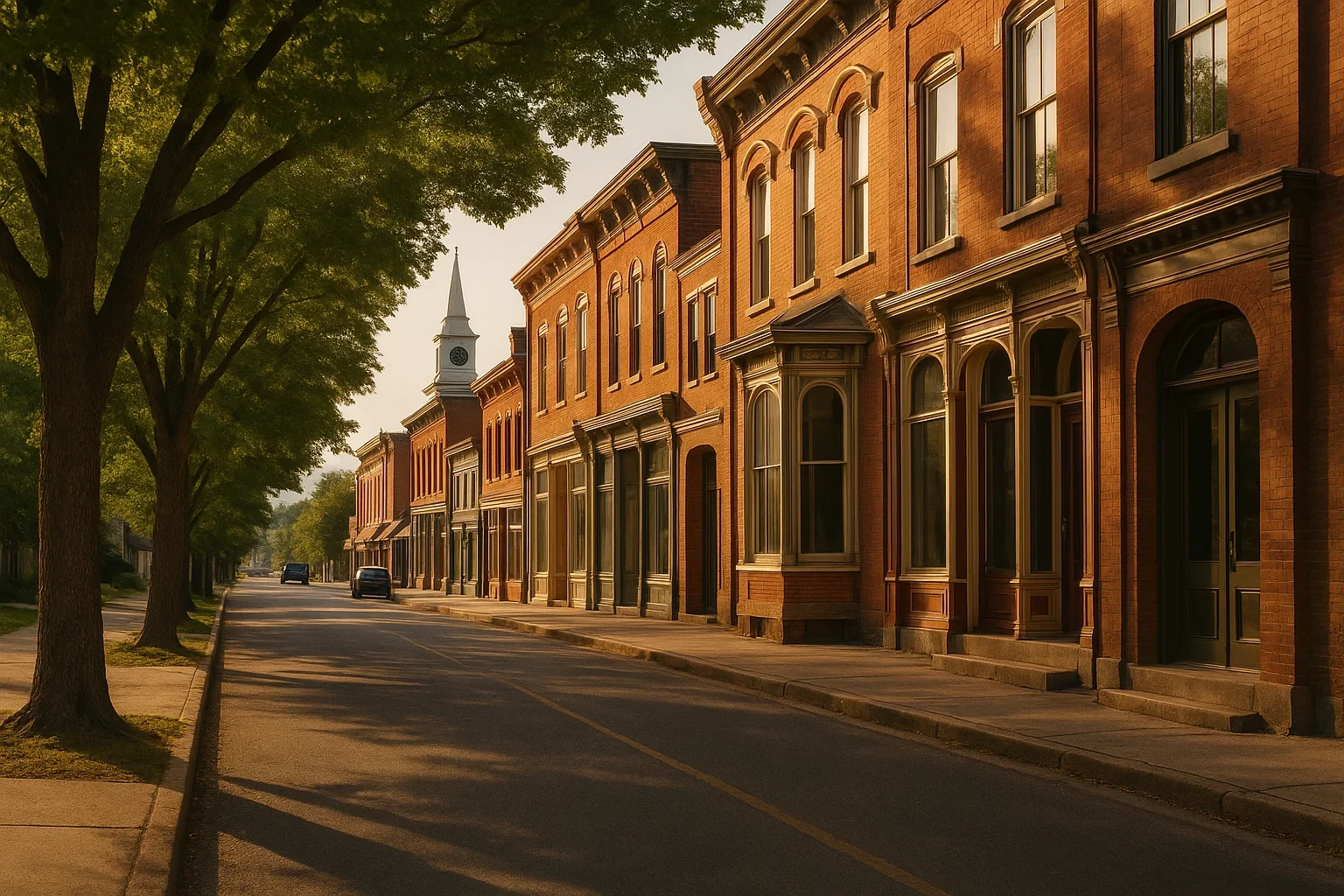 Historic brick storefronts line a tree-shaded downtown street with church steeple in Woodstock at golden hour.