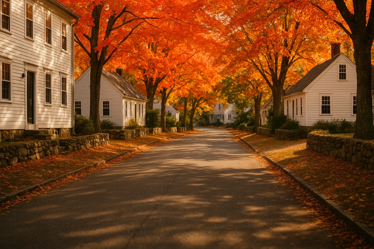 Quiet Storrs street lined with white colonial homes and vibrant orange autumn maple trees overhead.