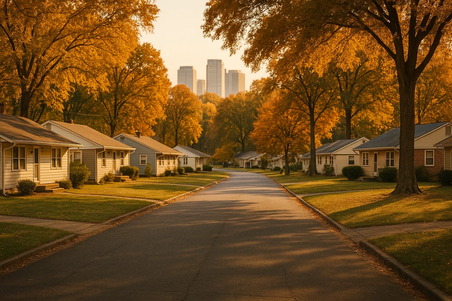 Tree-lined street of small single-story homes in autumn with a city skyline visible in the distance in Pimmit Hills