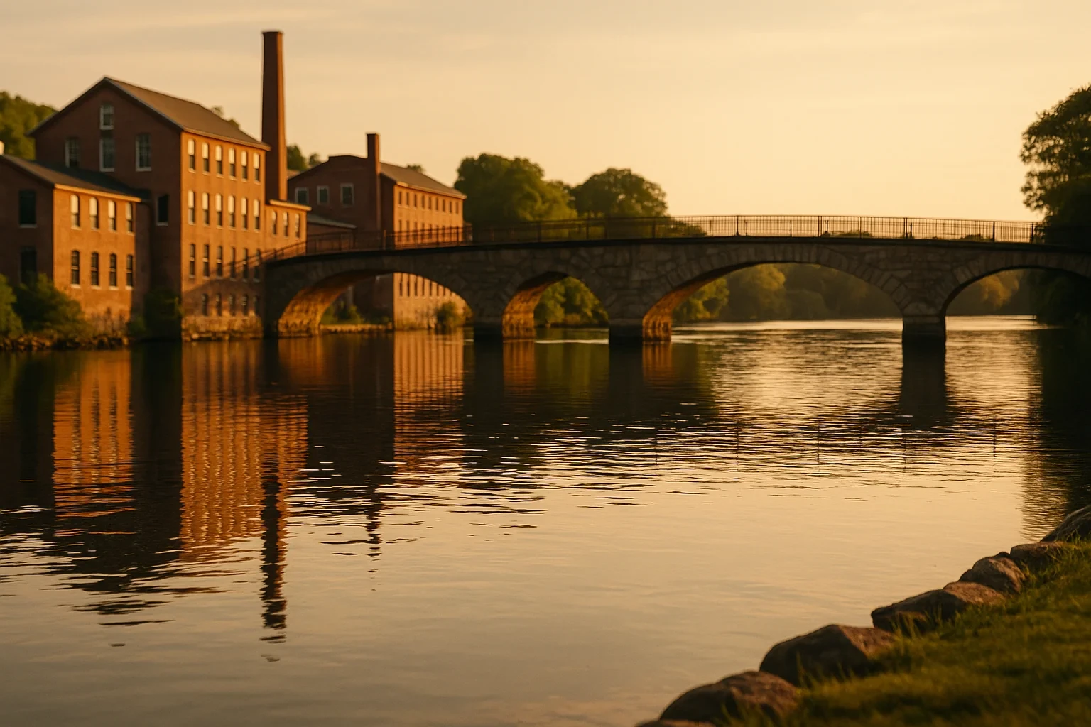 Historic brick mill buildings and stone arch bridge reflecting on calm river at sunset in Pawcatuck