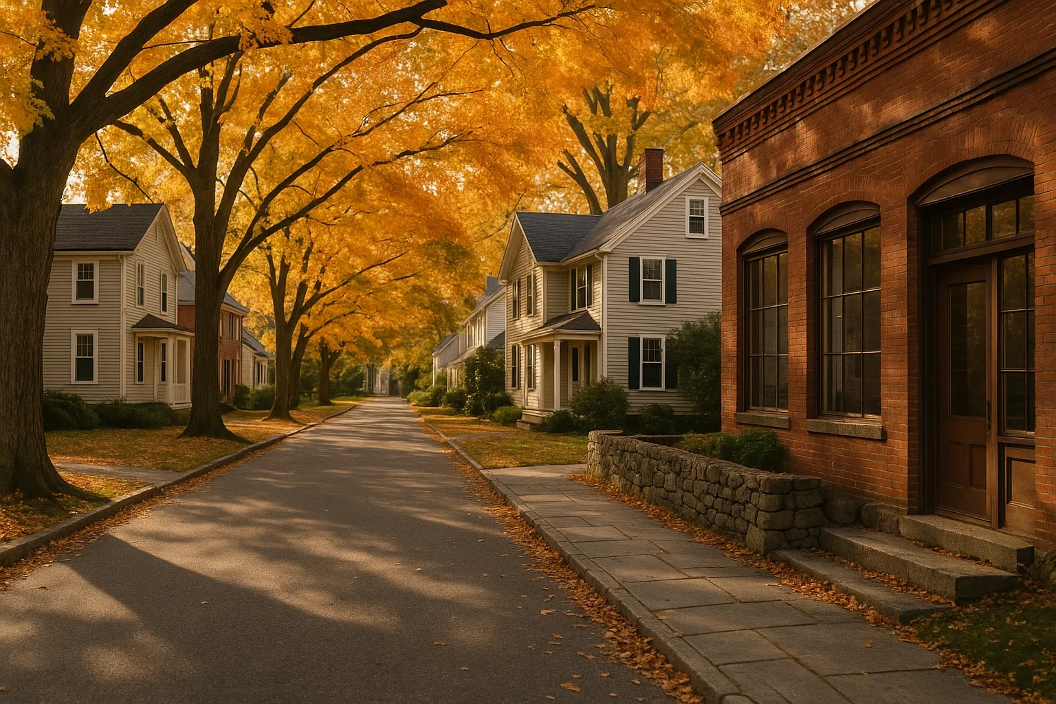 Tree-lined street with historic homes and brick building under golden autumn foliage in Watertown