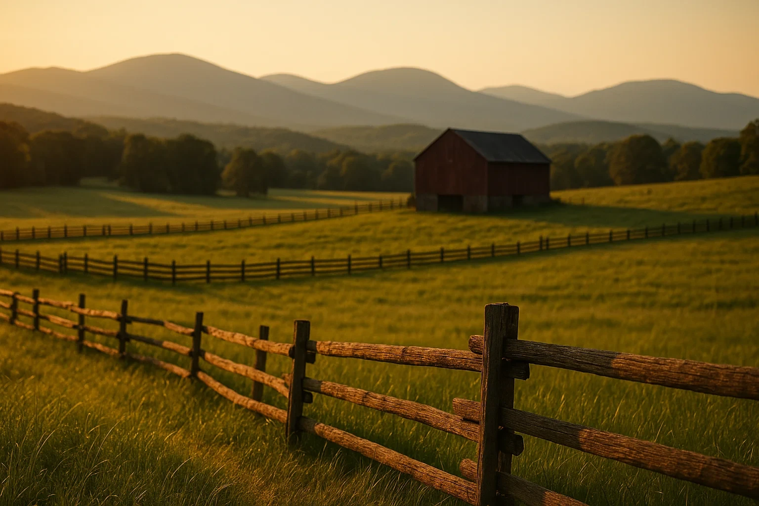 Rustic wooden split-rail fence leading to a red barn with rolling mountains at sunset near Fishersville
