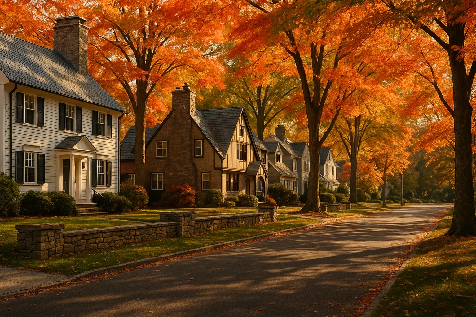 Tree-lined street with colonial and Tudor homes under vibrant autumn foliage in a West Hartford neighborhood