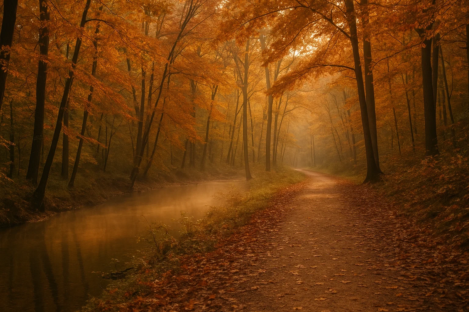 Misty autumn forest path winding beside a calm stream with golden foliage near Newington Forest
