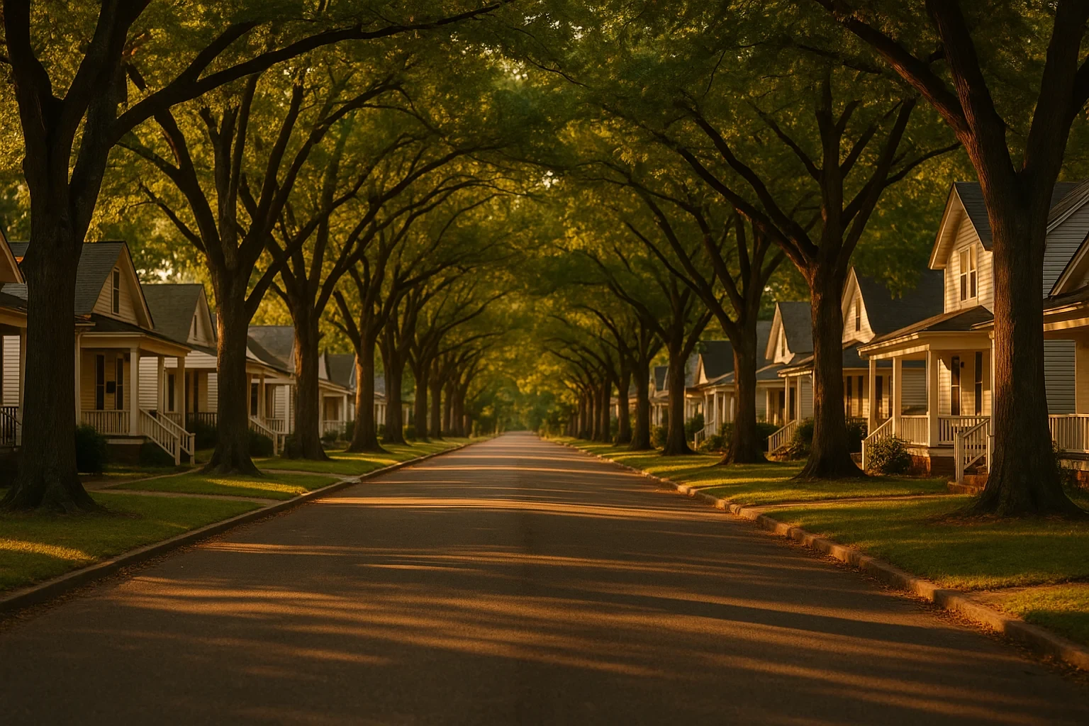 Tree-lined residential street with white cottage-style homes at golden hour in Highland Springs neighborhood