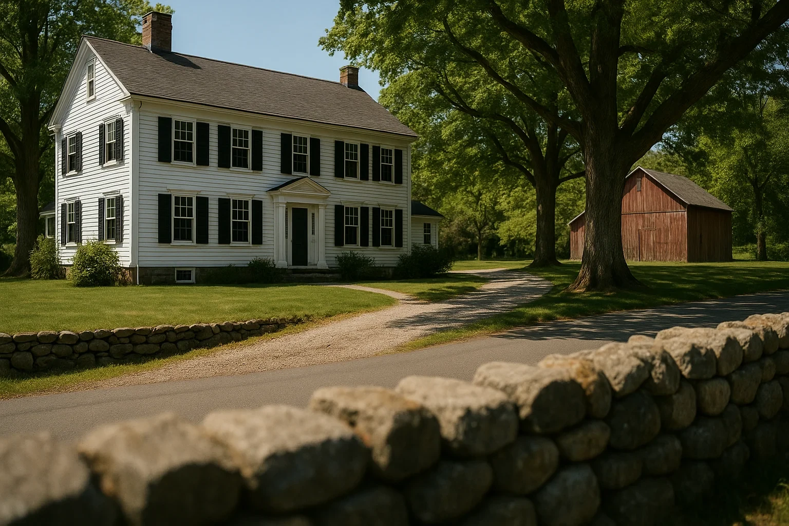 Historic white colonial home with black shutters, stone wall, and red barn in Cheshire Village on a sunny day