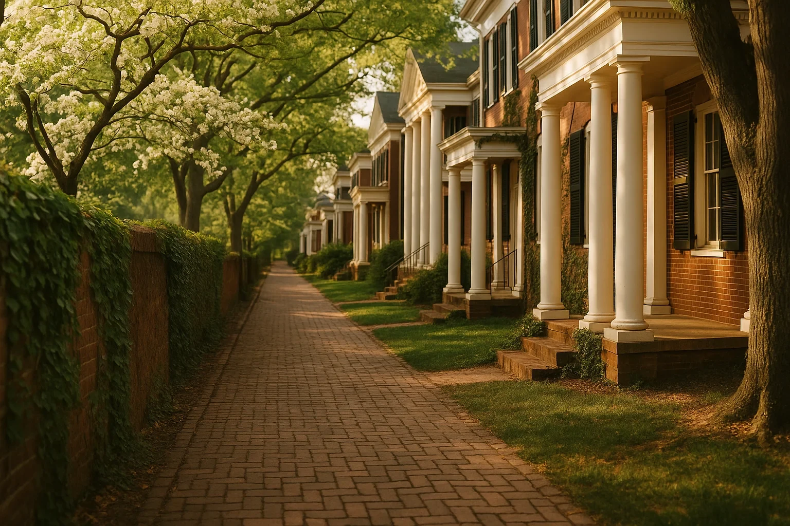 Brick walkway lined with ivy-covered wall and historic columned buildings under blooming trees in University of Virginia