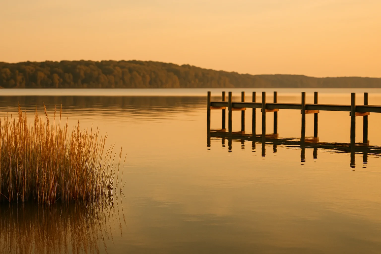 Tranquil lake at golden sunset with wooden dock and tall grasses reflecting on calm water in Potomac Mills