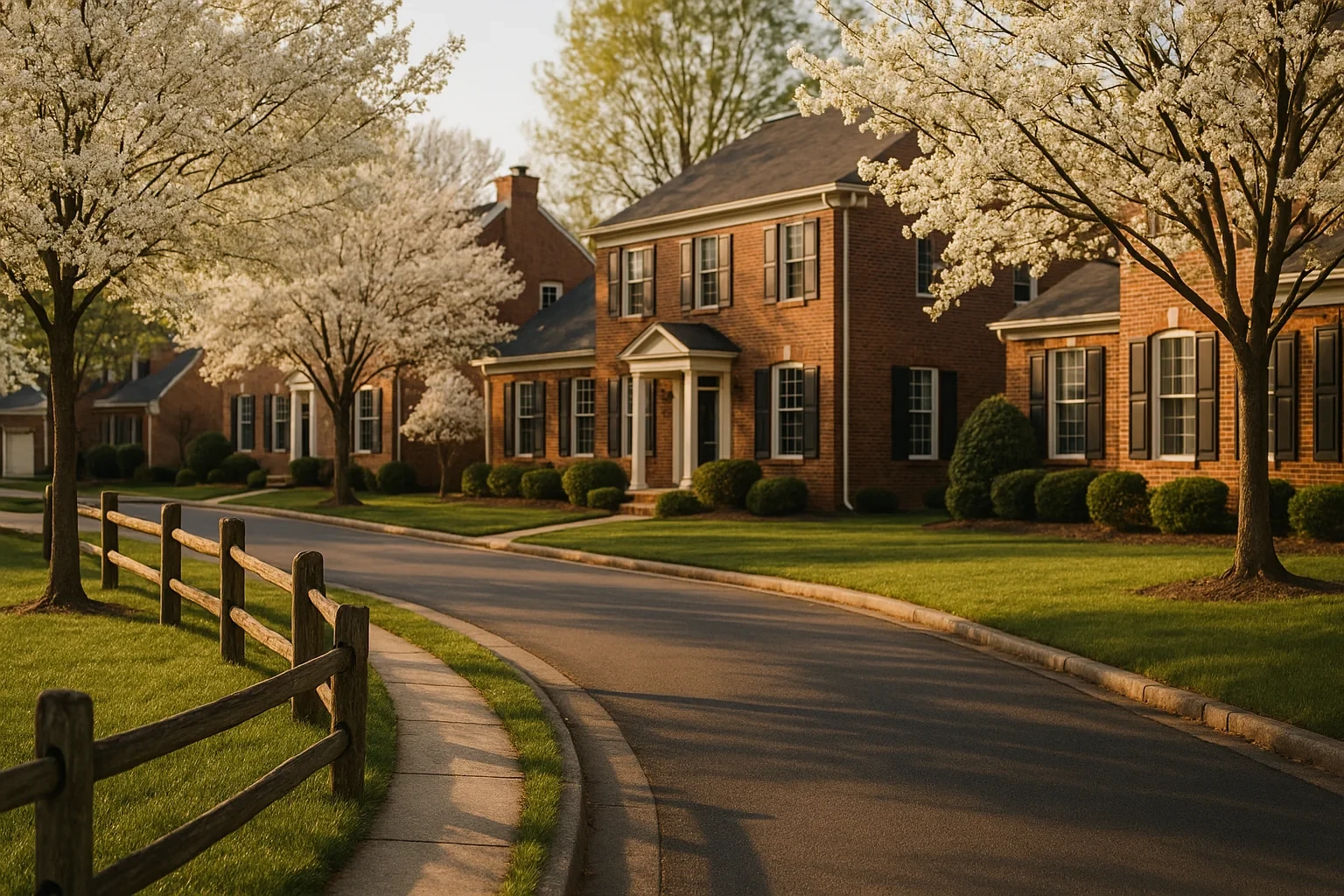 Tree-lined street with brick colonial homes and white blossoming trees in a Crosspointe neighborhood at golden hour