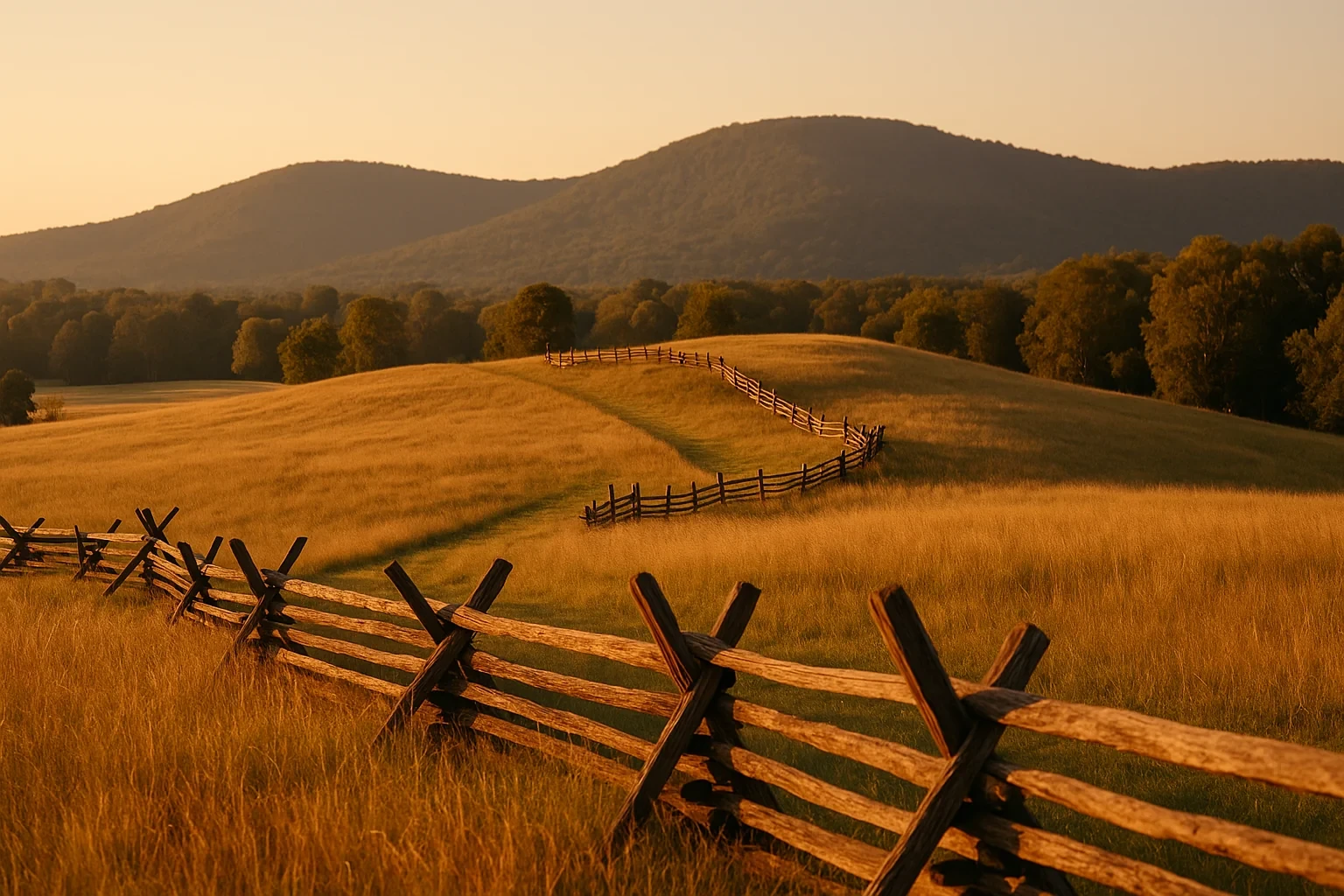 Rustic split-rail wooden fence winding through golden rolling meadows toward forested mountains near Yorkshire at sunset