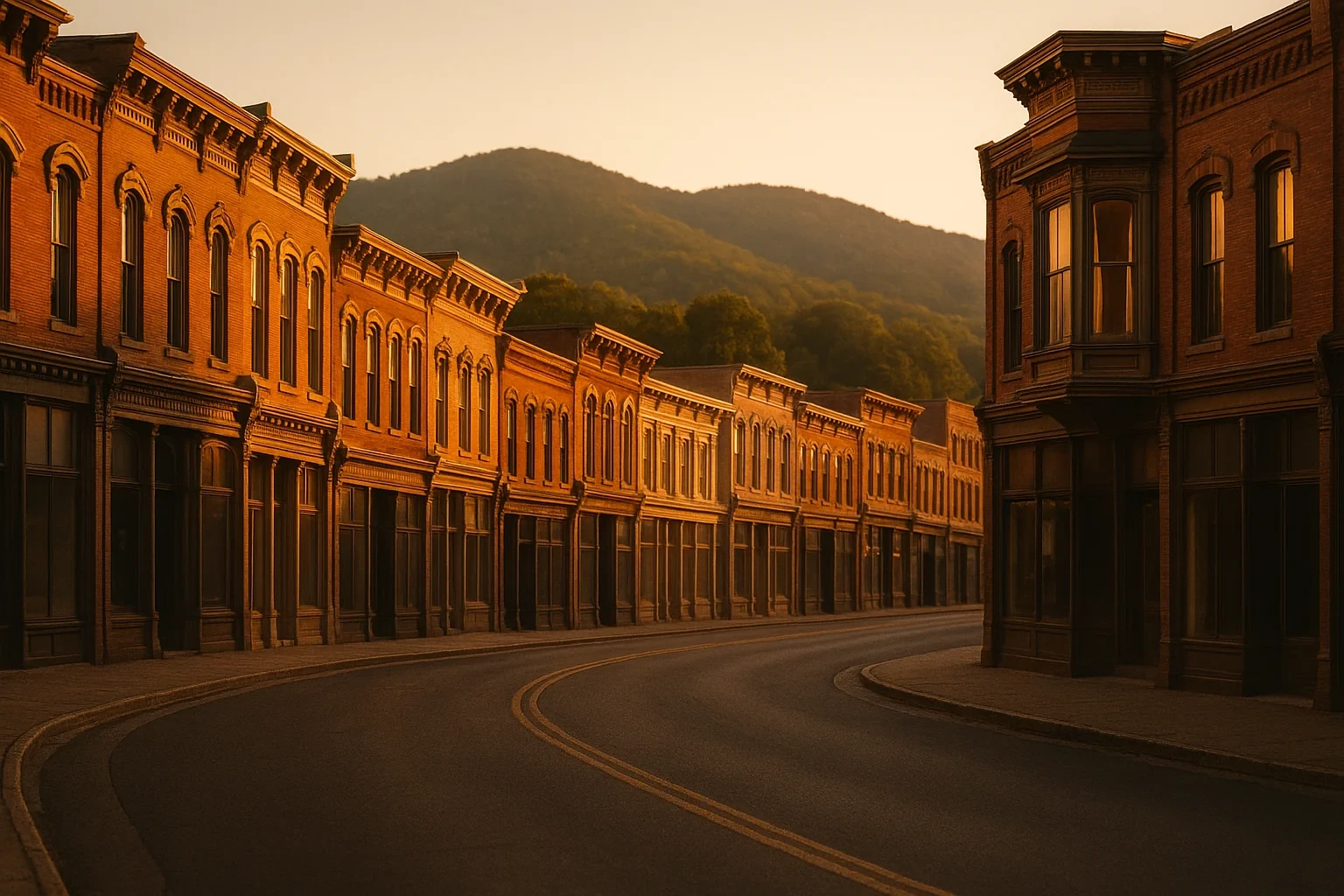 Historic brick storefronts line a curving downtown street at golden hour with mountains behind Staunton.