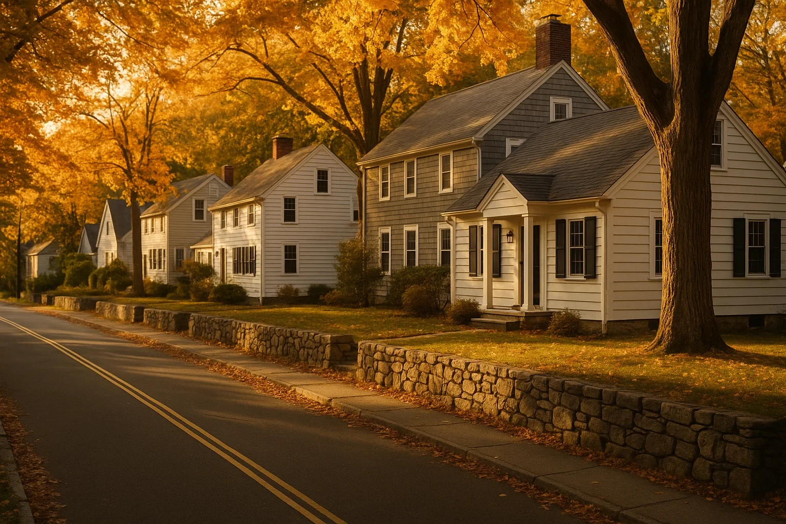 Row of classic New England colonial homes with stone walls and golden autumn foliage along a Pemberwick street