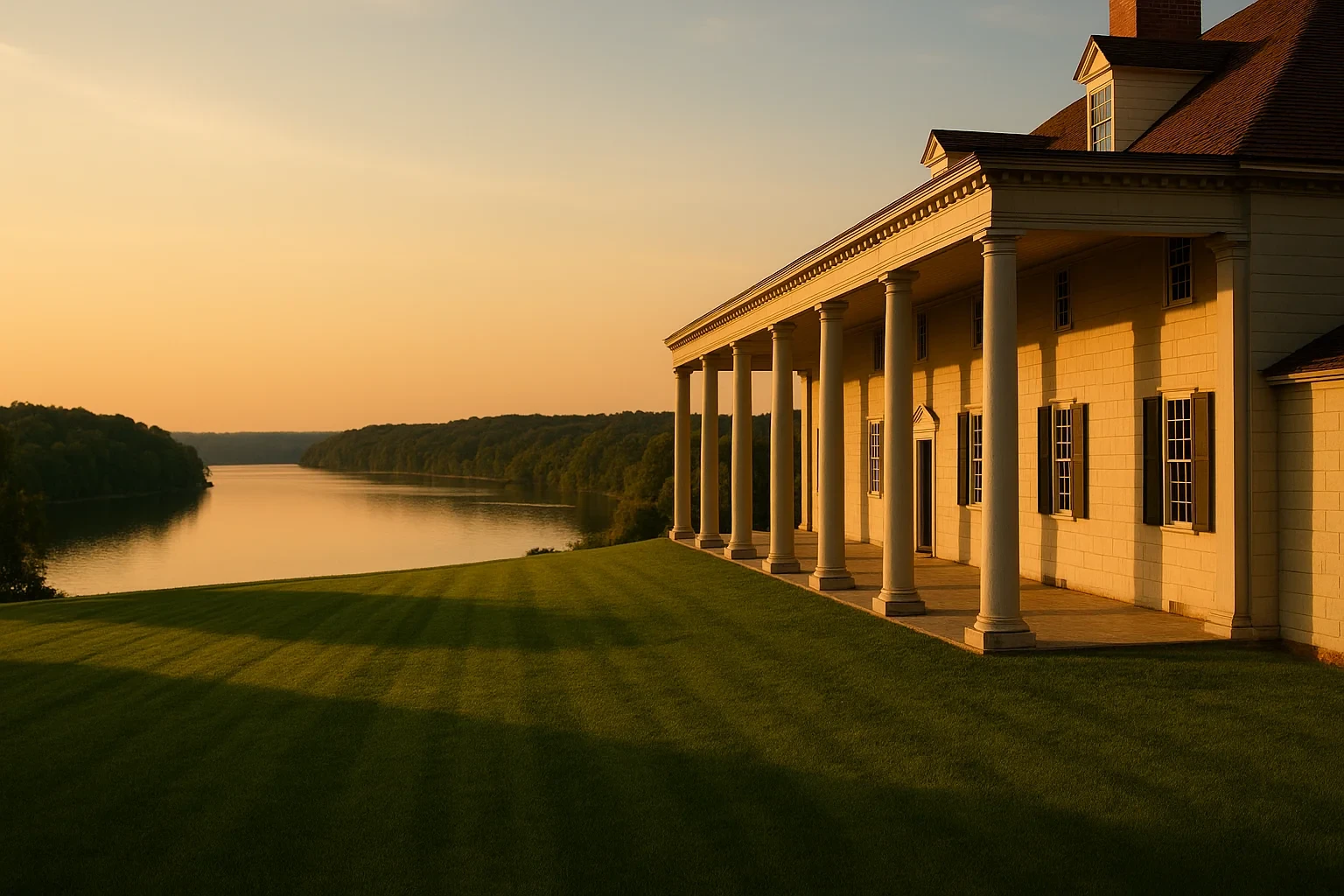 Historic columned mansion overlooking a tranquil river at golden hour near Mount Vernon with manicured lawn