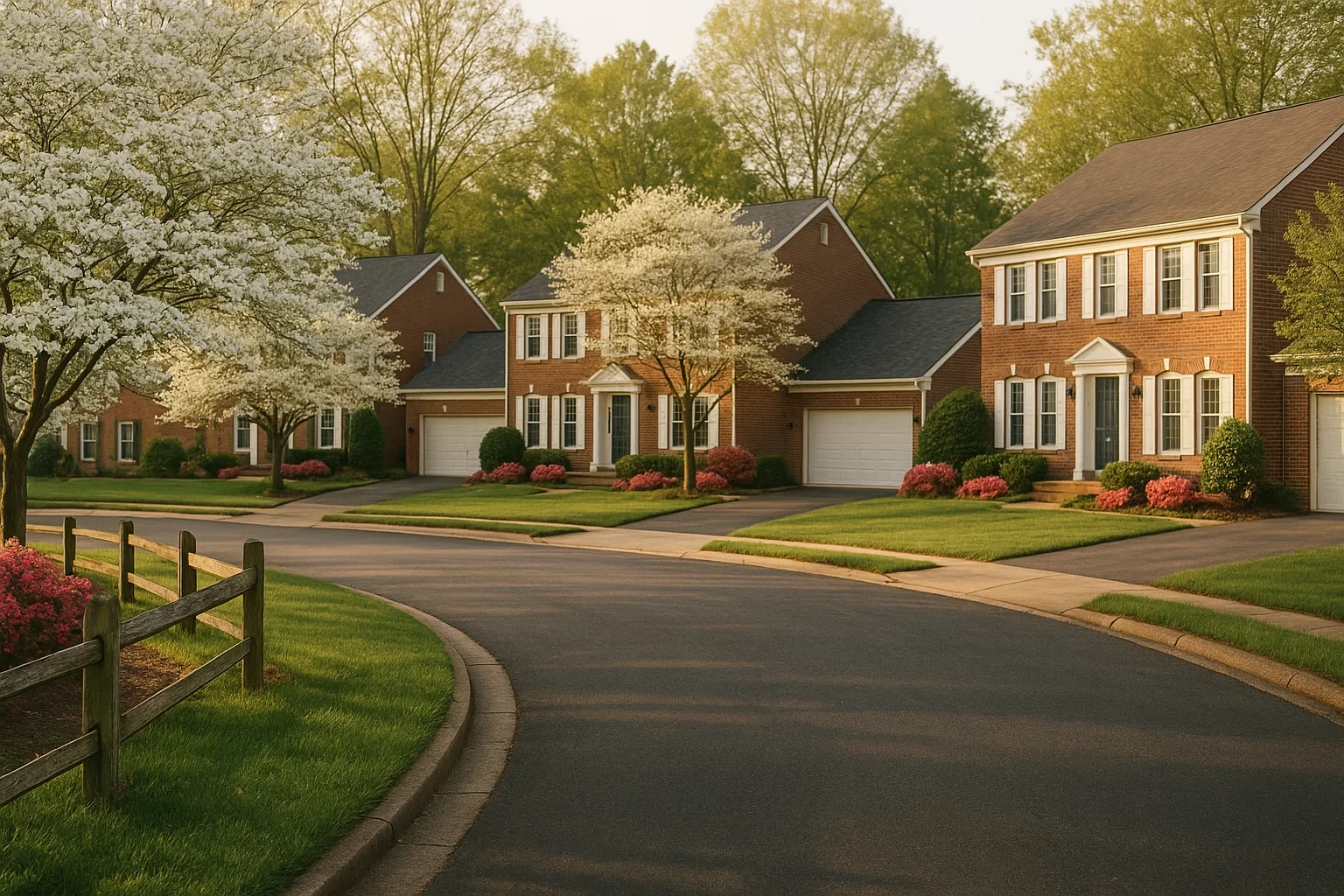 Brick colonial homes with white dogwoods blooming along a curved suburban street in Franklin Farm