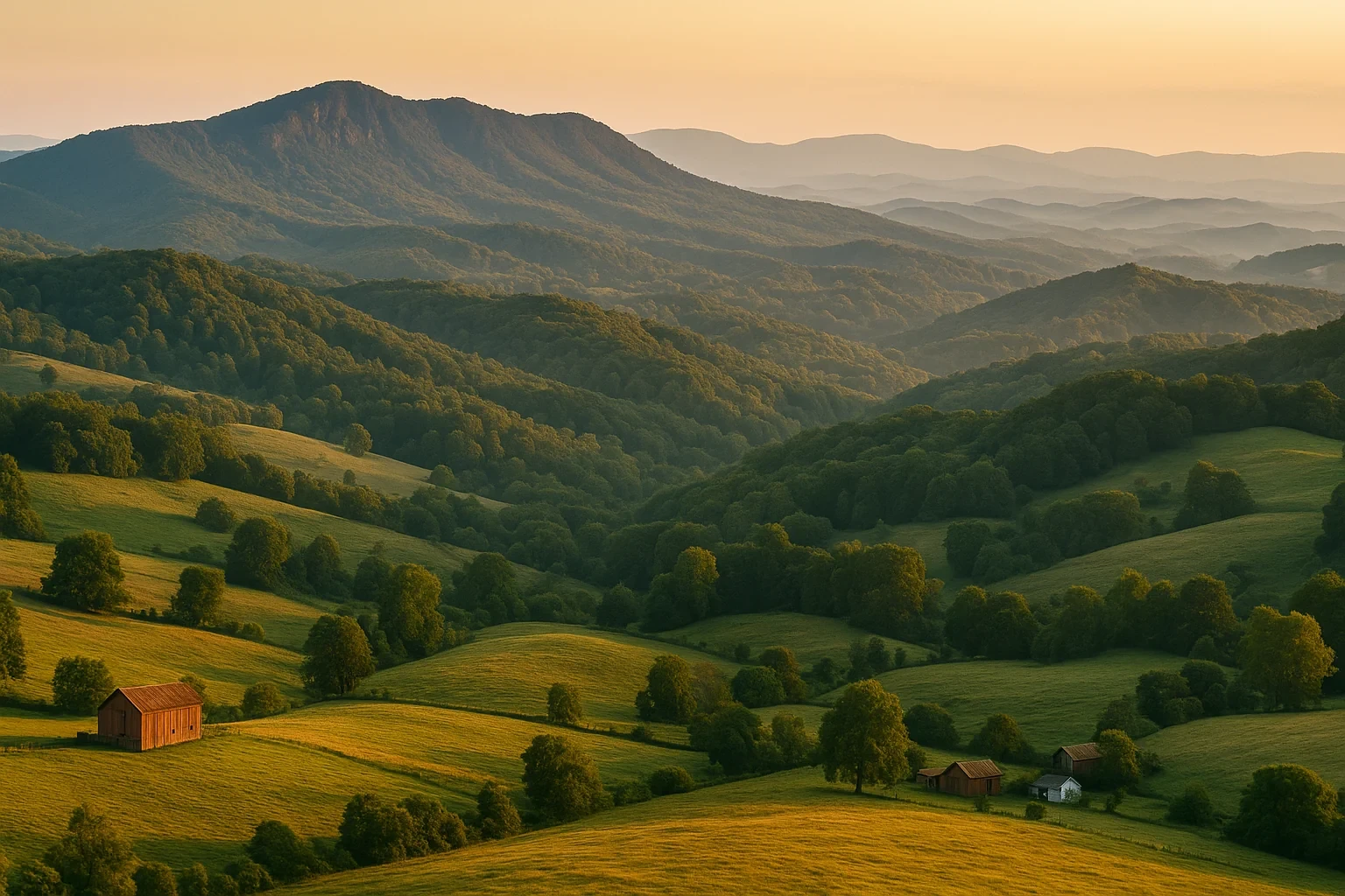 Rolling green hills, forested mountains, and rustic barns at golden sunset in the Lebanon countryside