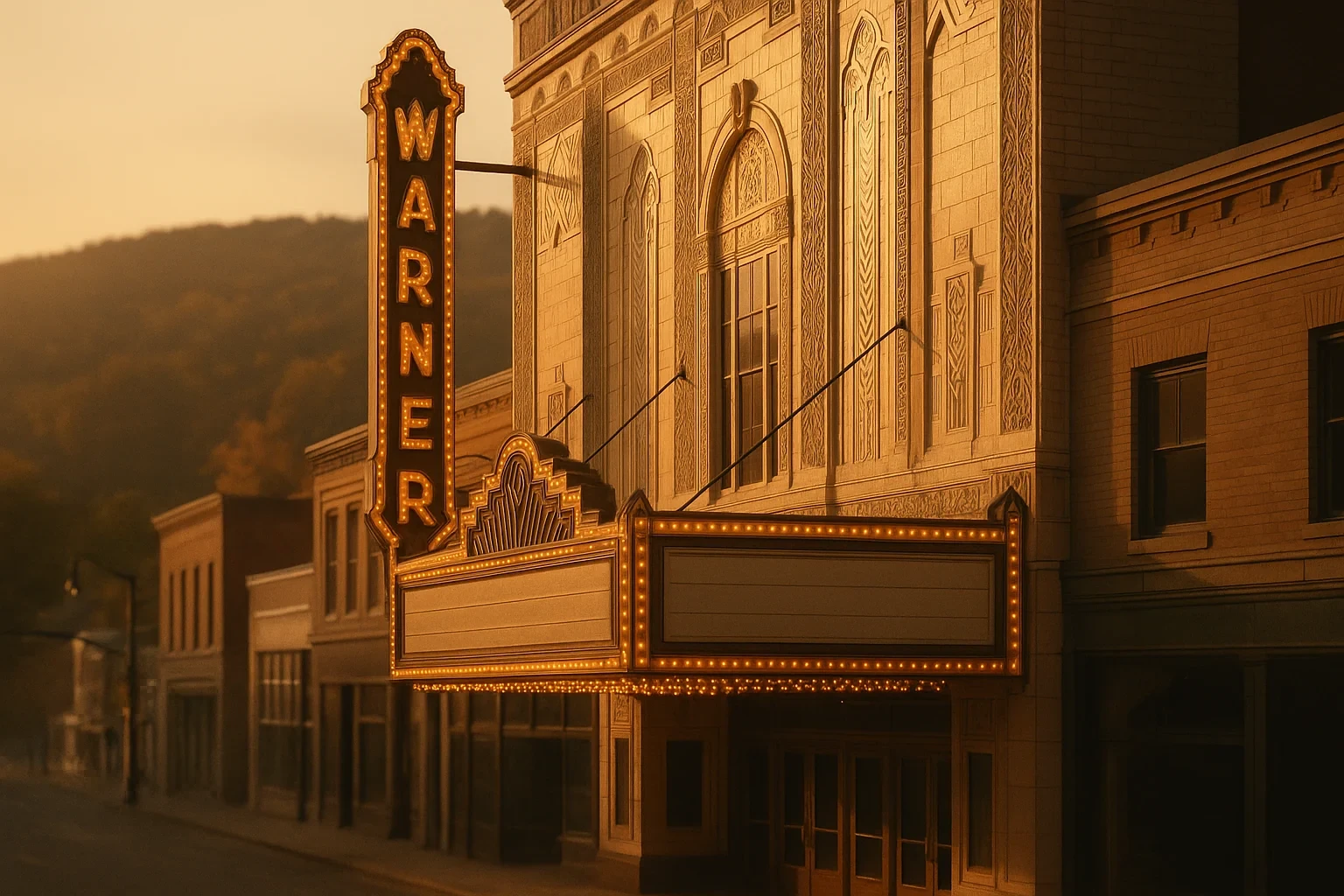 Historic Warner Theatre marquee glowing at golden hour along a quiet downtown street in Torrington