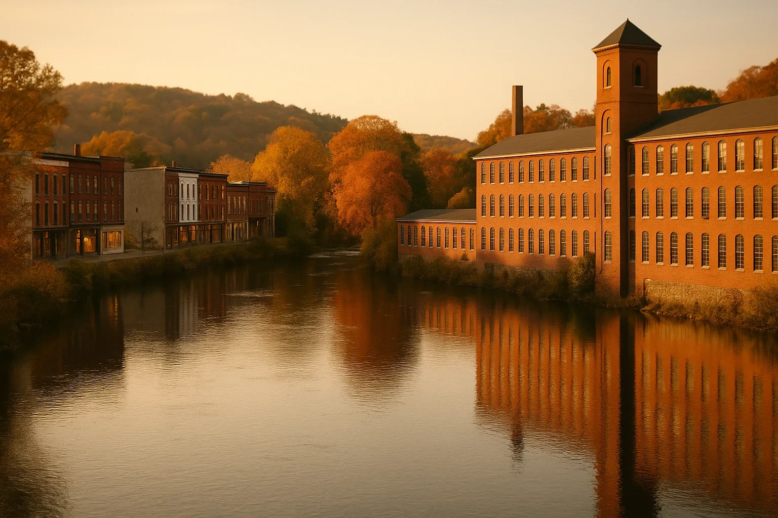 Historic brick mill buildings reflected in a calm river at sunset with autumn foliage in Danielson