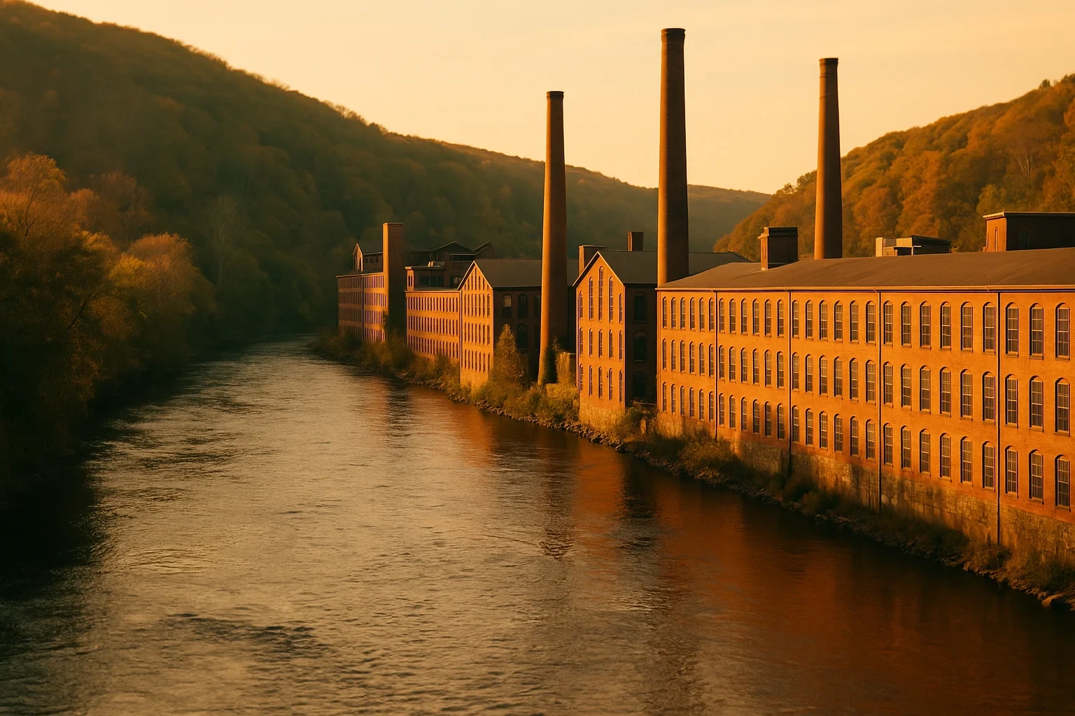 Historic brick mill buildings with tall smokestacks line a river at sunset in Ansonia