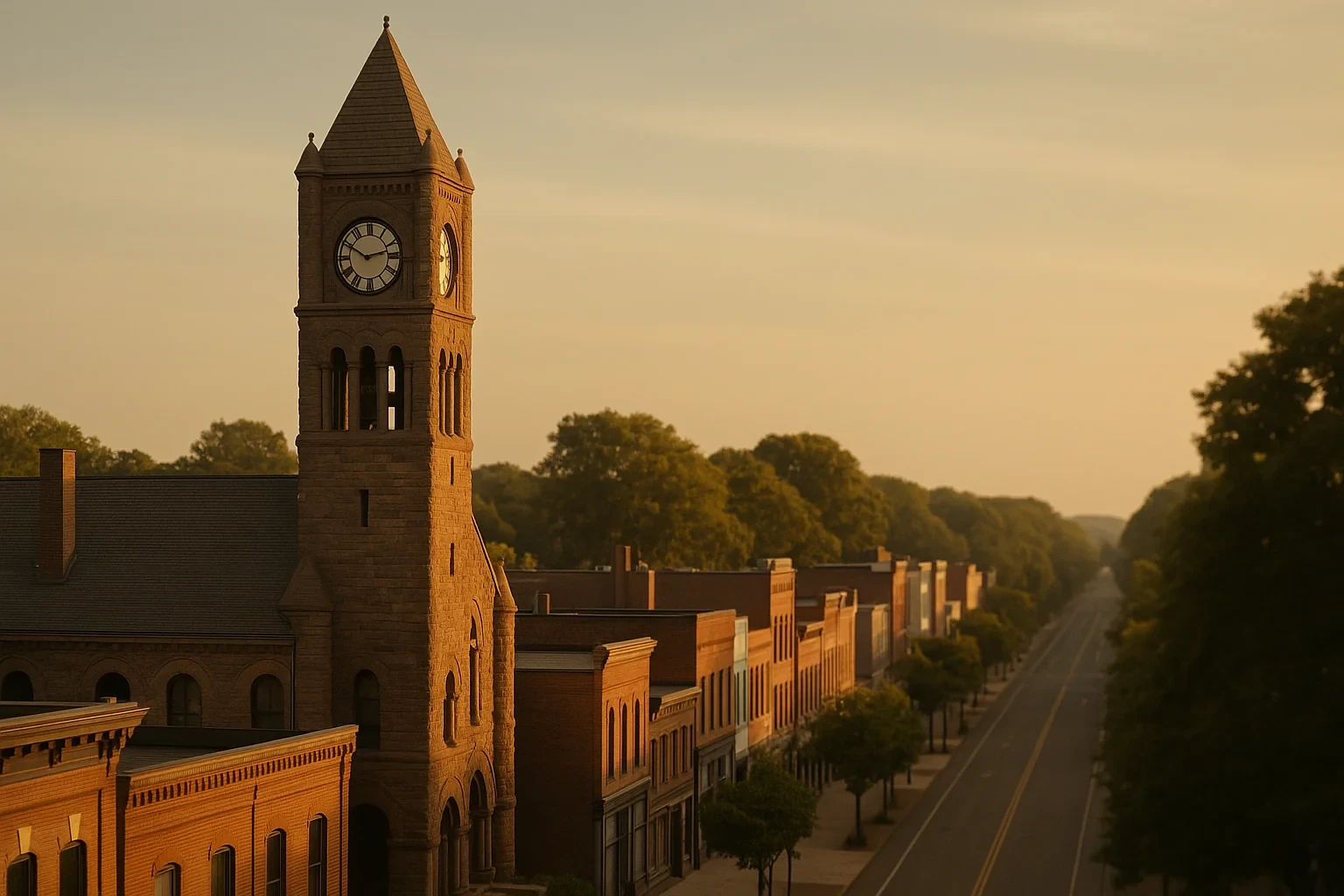 Historic clock tower and brick storefronts line a quiet tree-shaded main street in Wallingford Center at golden hour.